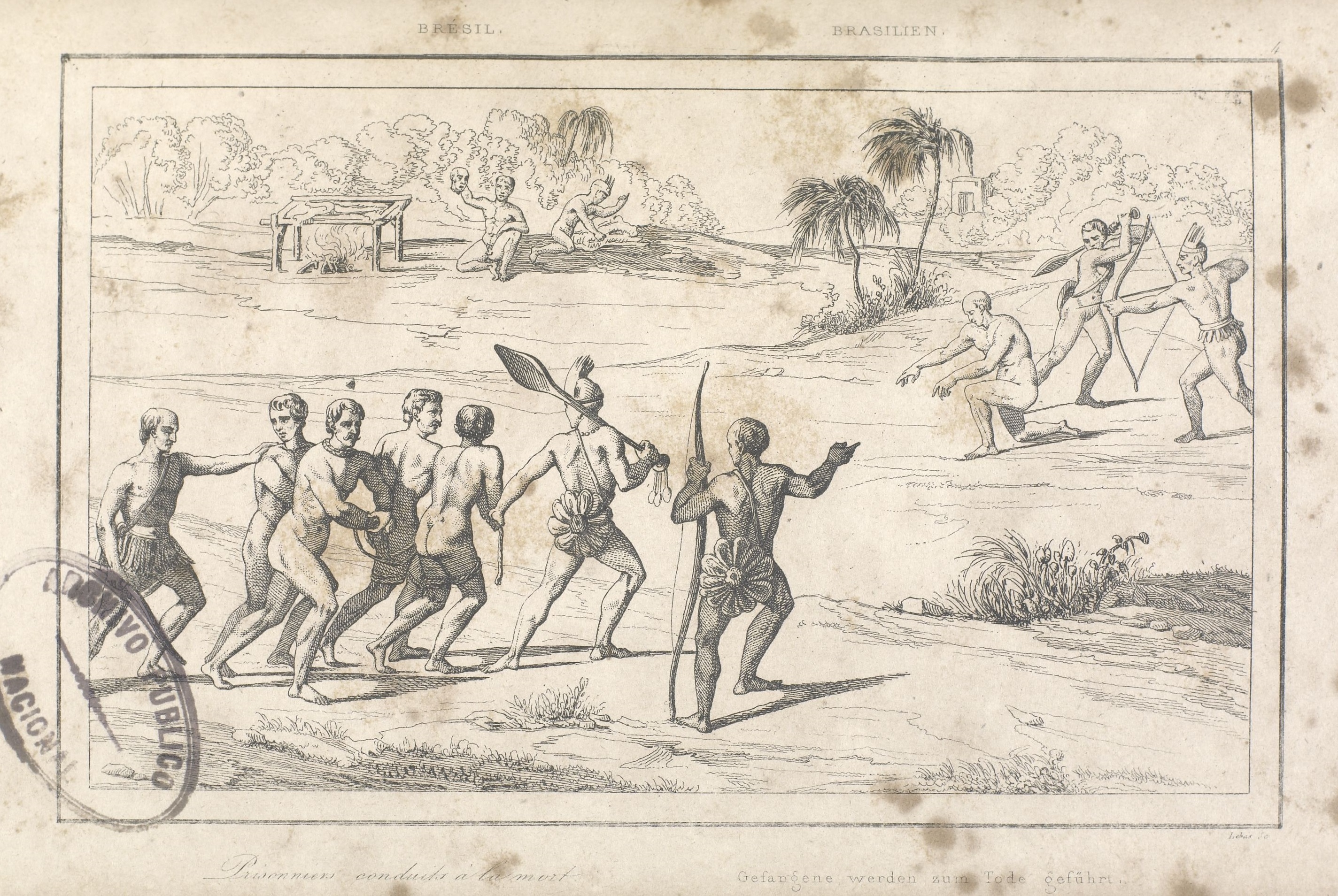 Prisioneiros conduzidos à morte. Em: DENIS, Jean Ferdinand. Brésil. Paris: Firmind Didot Frères, 1837, p.32. OR 2083.